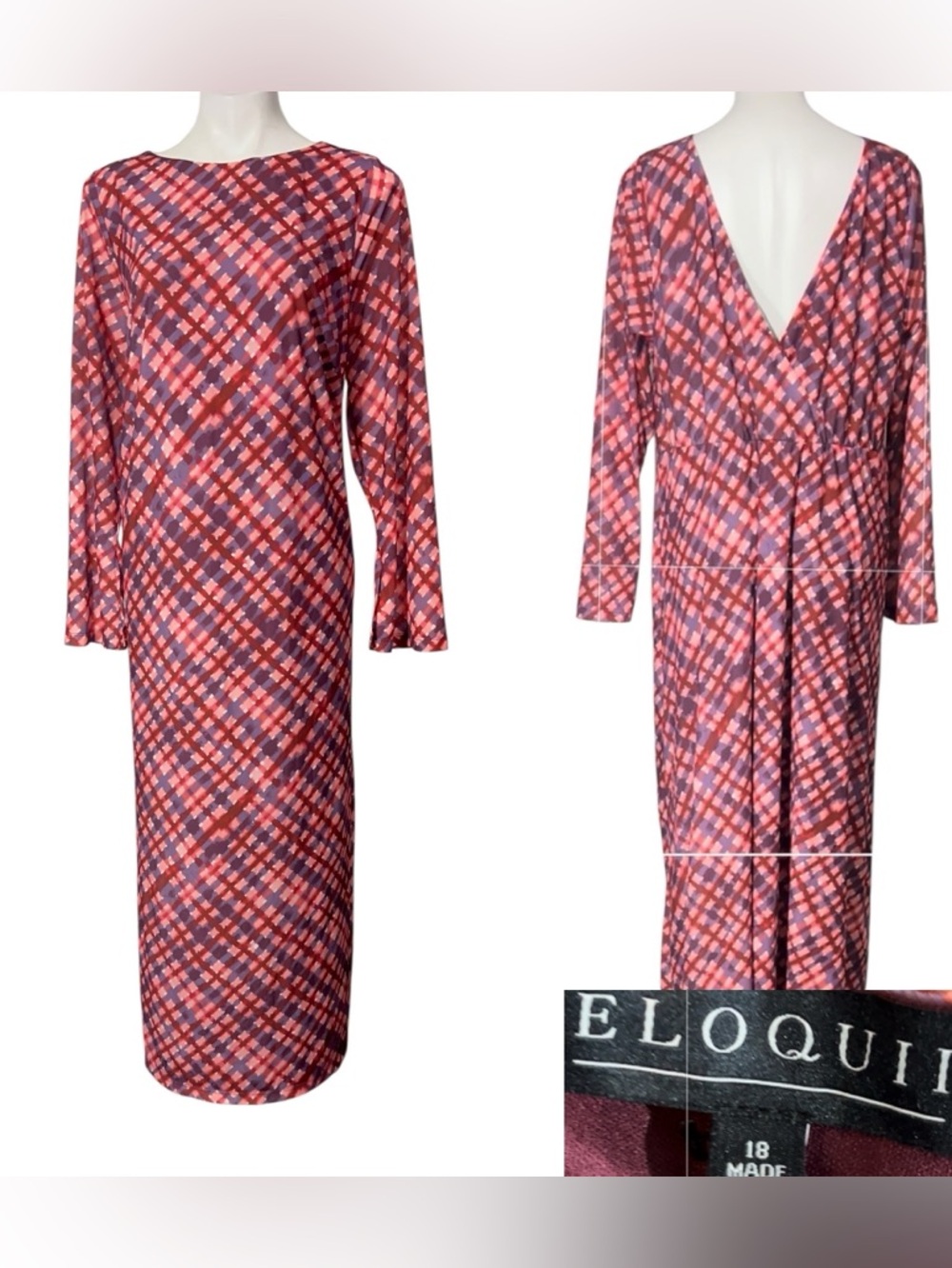 Eloquii Maxi Dress plus 18 Pink/Purple Plaid V-Back stretch cocktail date night